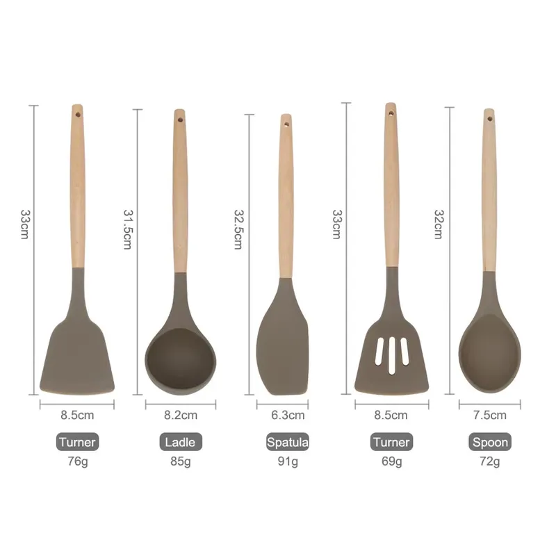 새 제품: 5개 세트 실리콘 식기 세트, 나무 손잡이가 - Kitchen Gadgets New Products 리뷰 및 가격